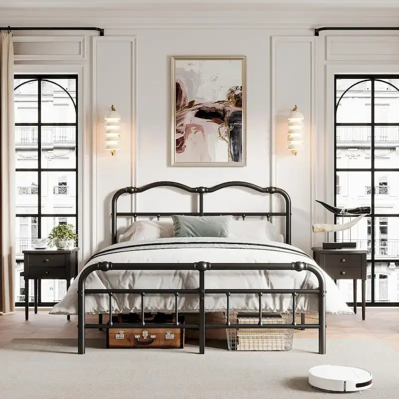 Heavy-duty Anti-Wobble 18 Inch Bed Frame With Wavy Art Headboard, Easy Assembly