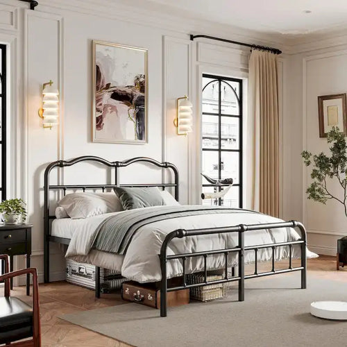 Struttura Letto in Metallo Nero con Testiera Curva Ondulata, Altezza 45,7 cm, da Singolo a California King, 1-2 Persone