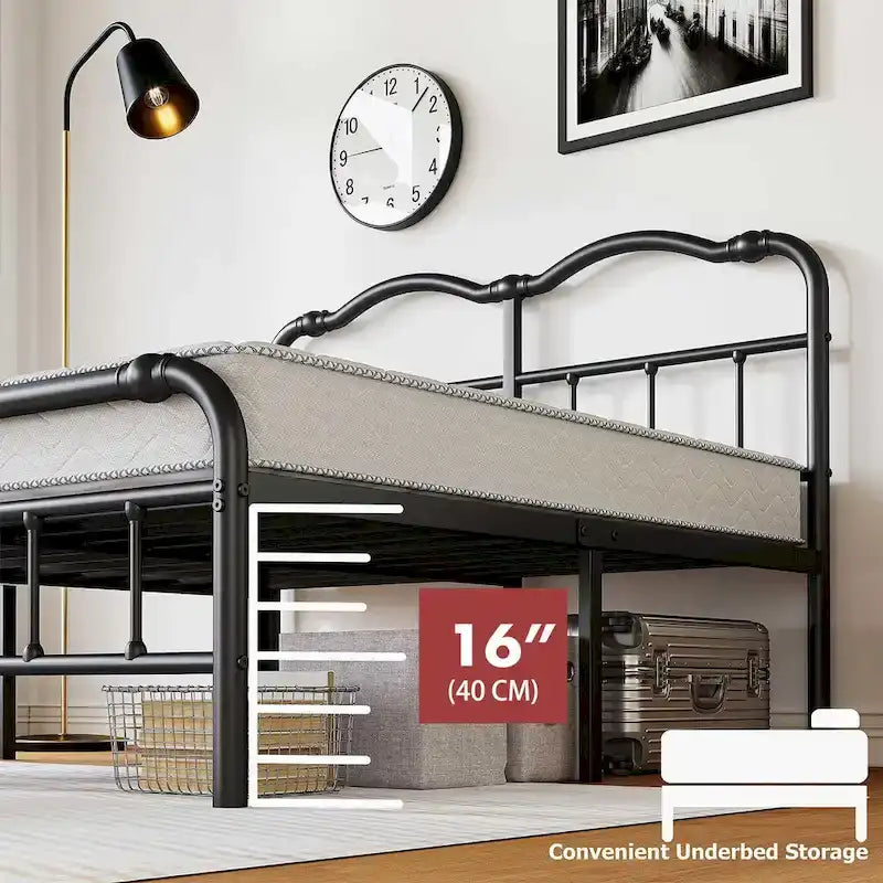 Struttura Letto in Metallo Nero con Testiera Curva Ondulata, Altezza 45,7 cm, da Singolo a California King, 1-2 Persone
