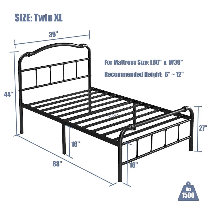 Struttura Letto in Metallo Nero con Testiera Curva Ondulata, Altezza 45,7 cm, da Singolo a California King, 1-2 Persone
