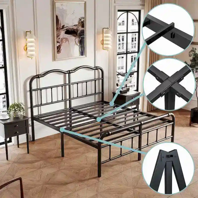 Struttura Letto in Metallo Nero con Testiera Curva Ondulata, Altezza 45,7 cm, da Singolo a California King, 1-2 Persone