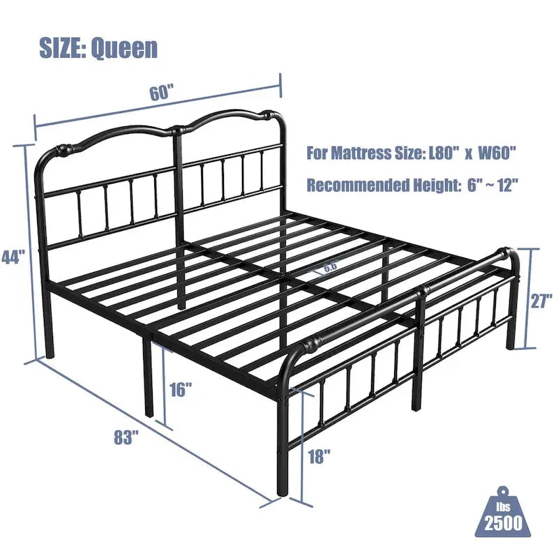 Struttura Letto in Metallo Nero con Testiera Curva Ondulata, Altezza 45,7 cm, da Singolo a California King, 1-2 Persone