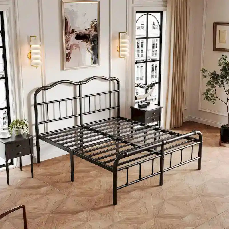 Struttura Letto in Metallo Nero con Testiera Curva Ondulata, Altezza 45,7 cm, da Singolo a California King, 1-2 Persone