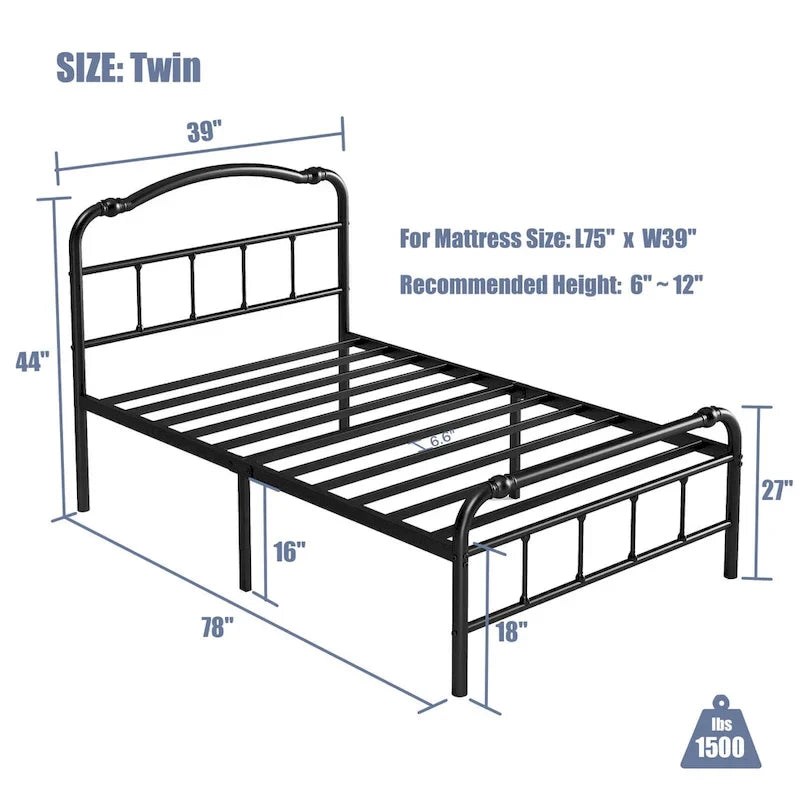 Struttura Letto in Metallo Nero con Testiera Curva Ondulata, Altezza 45,7 cm, da Singolo a California King, 1-2 Persone