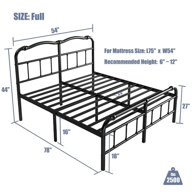 Struttura Letto in Metallo Nero con Testiera Curva Ondulata, Altezza 45,7 cm, da Singolo a California King, 1-2 Persone