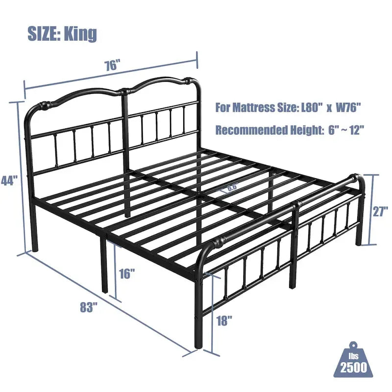 Struttura Letto in Metallo Nero con Testiera Curva Ondulata, Altezza 45,7 cm, da Singolo a California King, 1-2 Persone