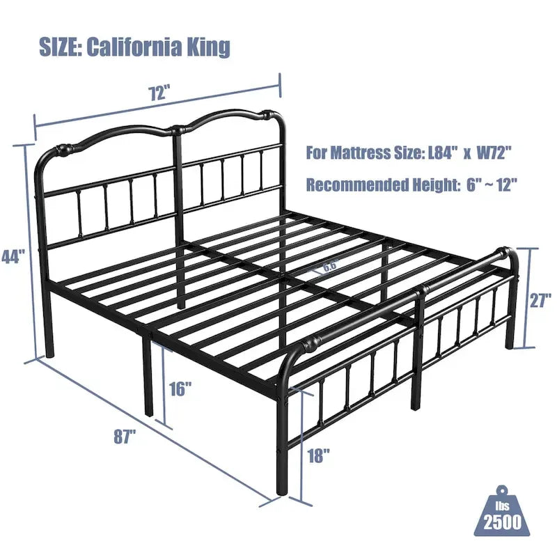 Struttura Letto in Metallo Nero con Testiera Curva Ondulata, Altezza 45,7 cm, da Singolo a California King, 1-2 Persone