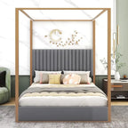 Letto a baldacchino a piattaforma Queen, in lino, grigio/beige, 2 posti letto
