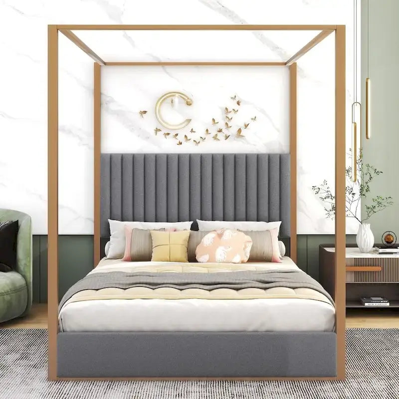 Letto a baldacchino a piattaforma Queen, in lino, grigio/beige, 2 posti letto