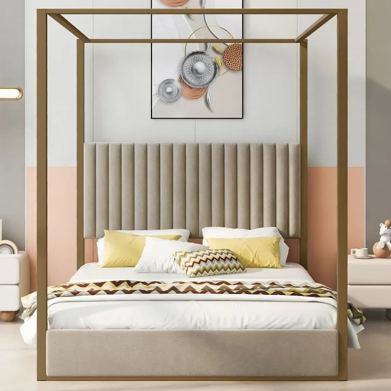 Letto a baldacchino a piattaforma Queen, in lino, grigio/beige, 2 posti letto