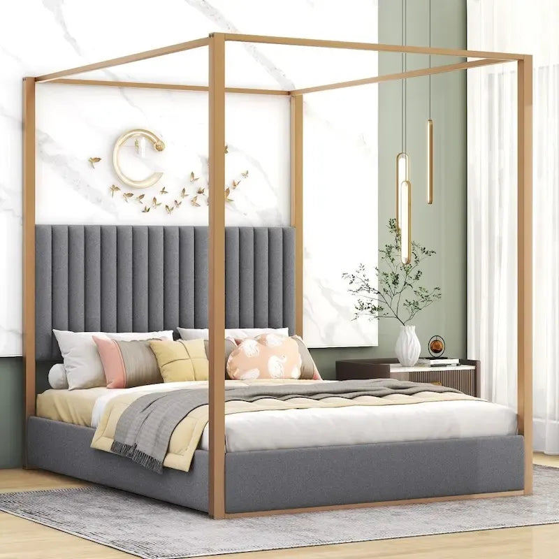 Letto a baldacchino a piattaforma Queen, in lino, grigio/beige, 2 posti letto