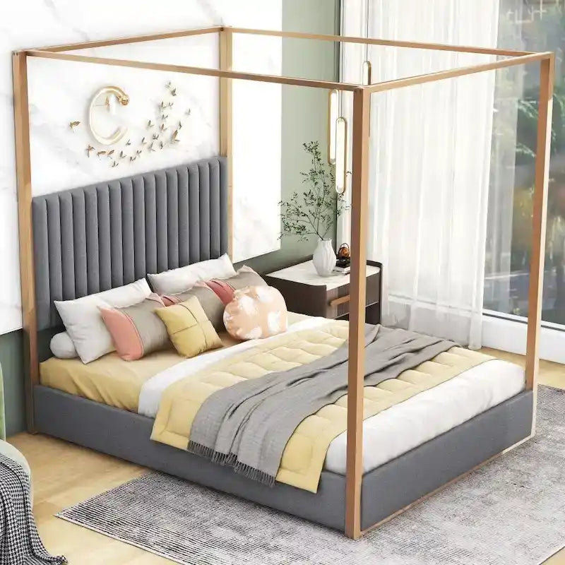 Letto a baldacchino a piattaforma Queen, in lino, grigio/beige, 2 posti letto