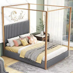 Letto a baldacchino a piattaforma Queen, in lino, grigio/beige, 2 posti letto