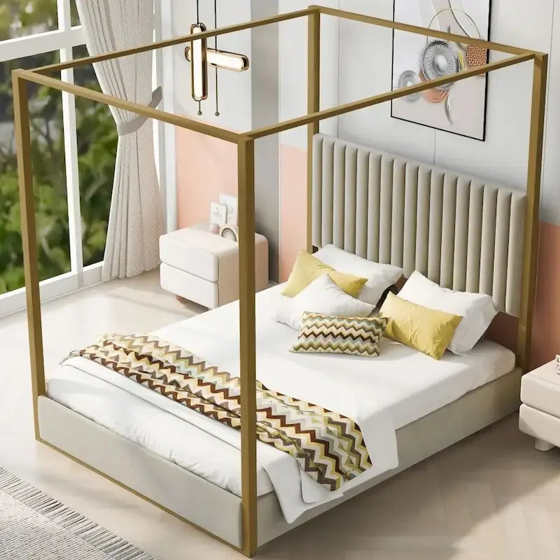 Letto a baldacchino a piattaforma Queen, in lino, grigio/beige, 2 posti letto