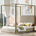 Letto a baldacchino a piattaforma Queen, in lino, grigio/beige, 2 posti letto
