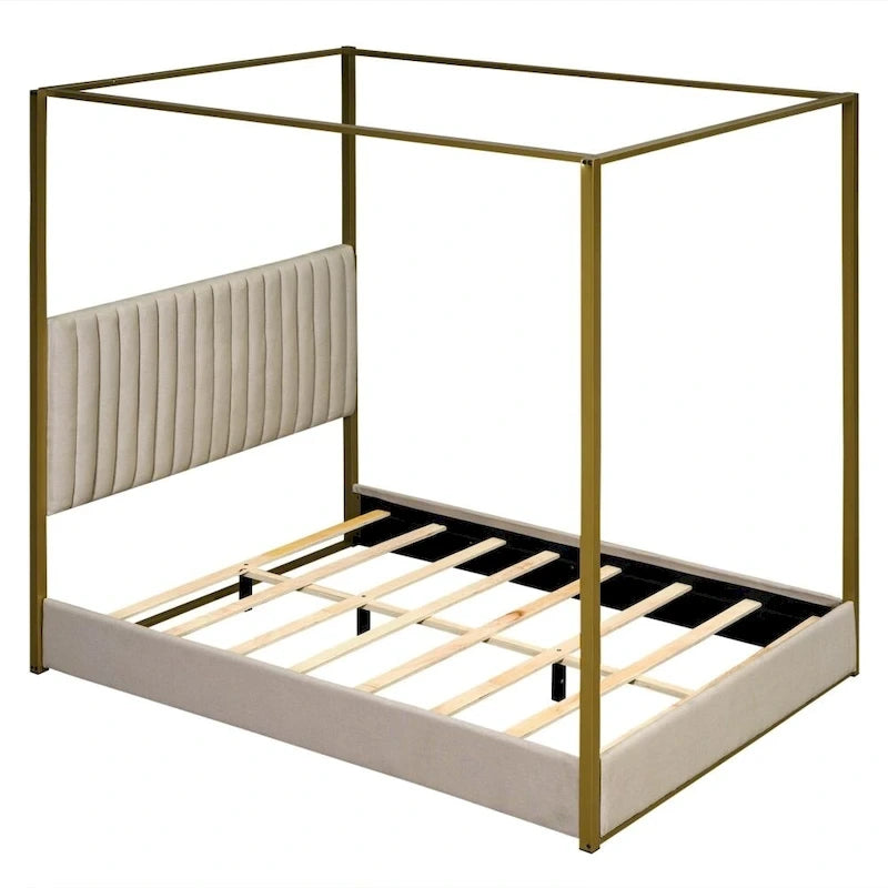 Letto a baldacchino a piattaforma Queen, in lino, grigio/beige, 2 posti letto
