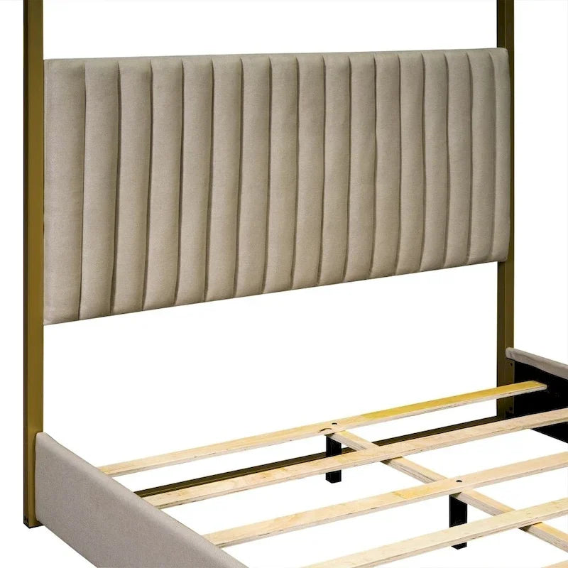 Letto a baldacchino a piattaforma Queen, in lino, grigio/beige, 2 posti letto